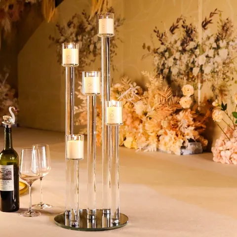 Candeliere in Vetro di Cristallo in Stile Europeo Candelabro Con Base a Specchio Multi-Testa Trasparente per Matrimonio Banchetto Decorazione Casa Regalo