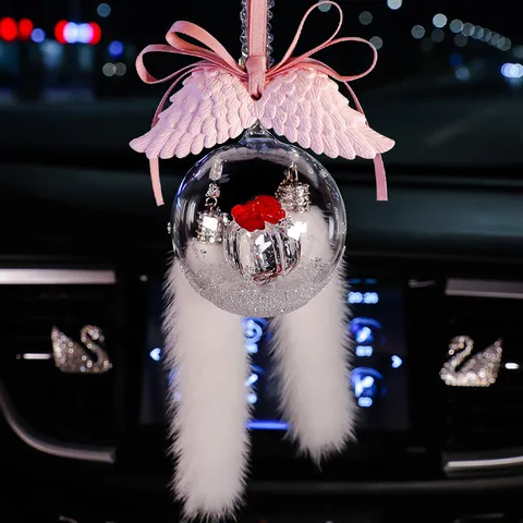 Crystal Ball Car Rearview Mirror Hanging Pendant With Angel Wings Satin Ribbon Bow Faux Fur Snowflake Interior Ornament Valentine's Day Gift