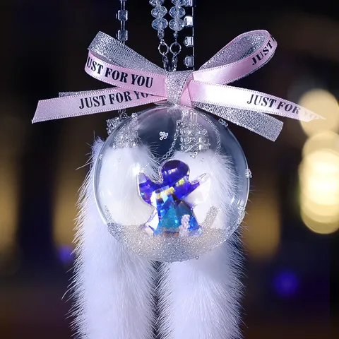 Transparent Snowflake Crystal Ball Car Pendant Interior Rearview Mirror Decoration With Angel Figure Bow And Faux Fur Tassel