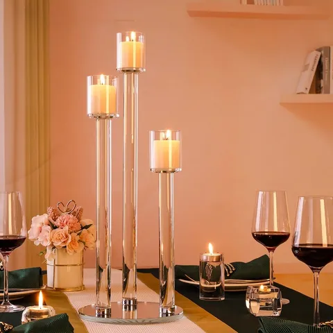 Candeliere in Vetro di Cristallo in Stile Europeo Candelabro Con Base a Specchio Multi-Testa Trasparente per Matrimonio Banchetto Decorazione Casa Regalo