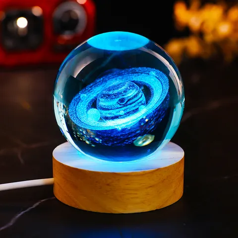 3D Laser Engraved Crystal Ball Night Light Solar System Moon Galaxy Planet Astronaut Wood Base USB Atmosphere Lamp Gift