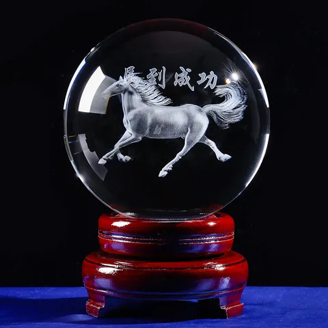 Crystal Ball Ornament With Wooden Base Laser Engraved 3D Dragon Horse Pattern Glass Sphere Table Decor Office Gift