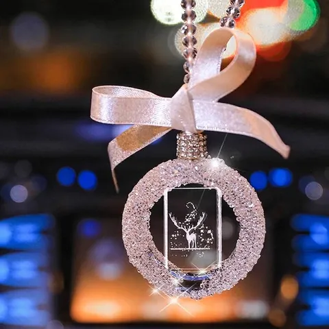 3D Laser Engraved Crystal Car Pendant Rhinestone Rearview Mirror Hanging Ornament With Satin Bow Beaded Chain Decor