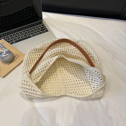 Women Hollow Out Knitted Mesh Shoulder Bag Large Capacity Woven Tote Lazy Style Summer Beach Handbag Nylon Knit Purse