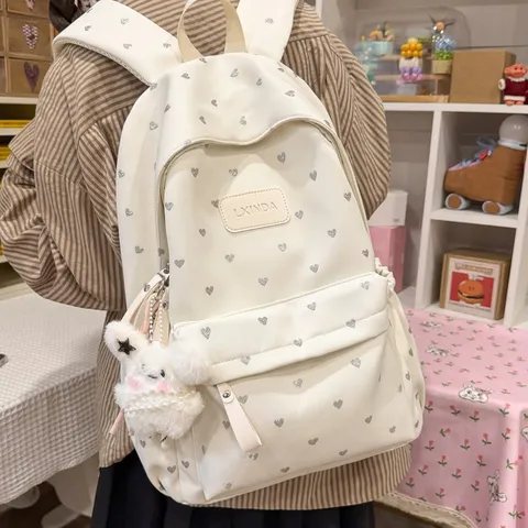 Casual Heart Print Nylon Backpack Lightweight Student School Bag With Plush Rabbit Pendant For Teenage Girls Women Backpack