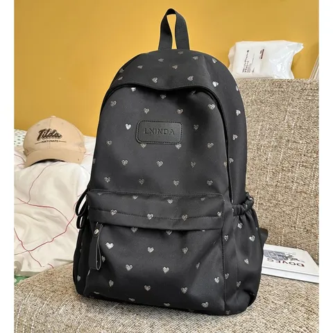 Casual Heart Print Nylon Backpack Lightweight Student School Bag With Plush Rabbit Pendant For Teenage Girls Women Backpack