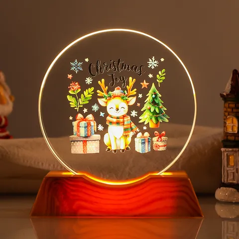 Christmas White Crystal Night Light Ornament LED Warm Wooden Base Festive Decorative Table Lamp Holiday Birthday Gift