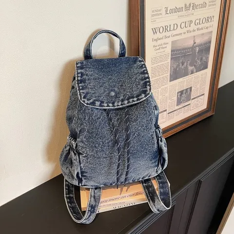 Retro Washed Denim Drawstring Backpack Large Capacity Student Schoolbag Unisex Casual Travel Daypack Denim Rugged Bag