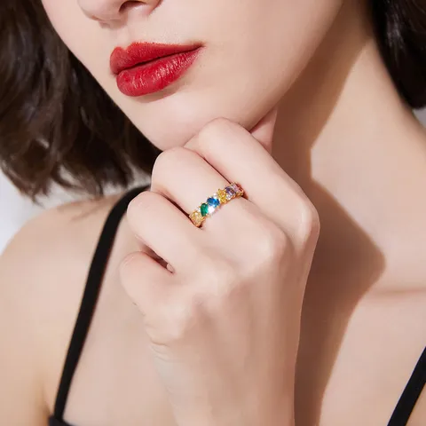 Anillo de Eternidad de Circonia de Colores de Moda Cobre Chapado en Oro Anillo de Piedra de Arcoiris para Mujer Joyas