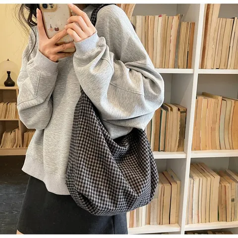 Women Casual Plaid Nylon Tote Bag Literary Fresh Checkered Shoulder Bag Large Capacity Lightweight Fashion Handbag Travel Daily Shopper Bag