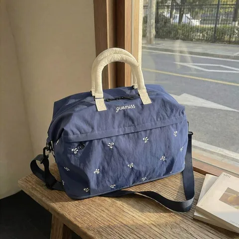 Women Large Capacity Nylon Travel Bag Embroidered Bowknot Fitness Gym Bag Dry Wet Separation Overnight Weekend Duffel Bag