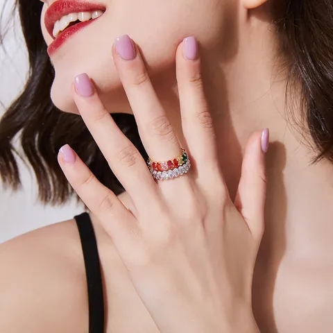 Anillo de Eternidad de Cobre con Circonia para Mujer Corte Ovalado Arco Iris Colorido Incrustado Anillo de Banda Joyería Regalo