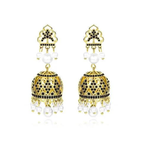 Indian Jhumka Pearl Drop Earrings Vintage Palace Copper Rhinestone Dangle Earrings For Women Ethnic Wedding Jewelry