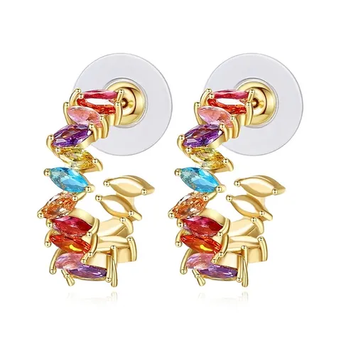 Fashion European C-Shaped Copper Colored Zirconia Stud Earrings For Women Rhodium Plated Marquise Cut Gemstone Jewelry