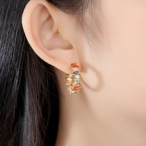 Fashion European C-Shaped Copper Colored Zirconia Stud Earrings For Women Rhodium Plated Marquise Cut Gemstone Jewelry