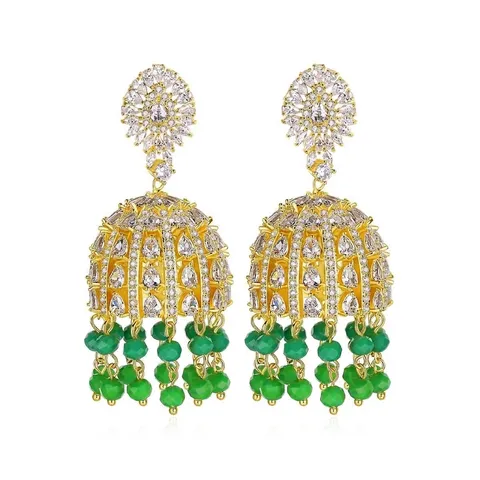 Vintage Exotic Jhumka Drop Earrings Copper Zirconia Inlaid Gold Plated Green Beaded Tassel Earrings For Women Wedding Party