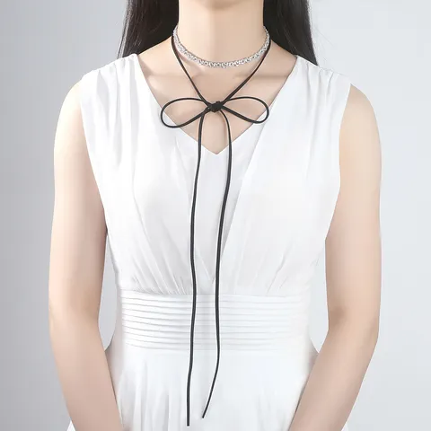 Elegant Brass Zirconia Choker Necklace With Long Black Satin Ribbon Bow For Women Fashion Party Wedding Dress Accessory