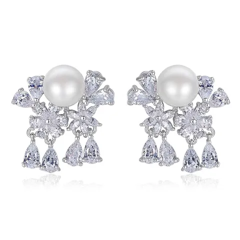 Fashion Freshwater Pearl Stud Earrings Copper Zirconia Flower Tassel Earrings Electroplated Silver Jewelry For Women Banquet Party