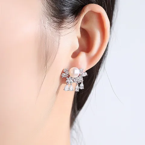 Fashion Freshwater Pearl Stud Earrings Copper Zirconia Flower Tassel Earrings Electroplated Silver Jewelry For Women Banquet Party