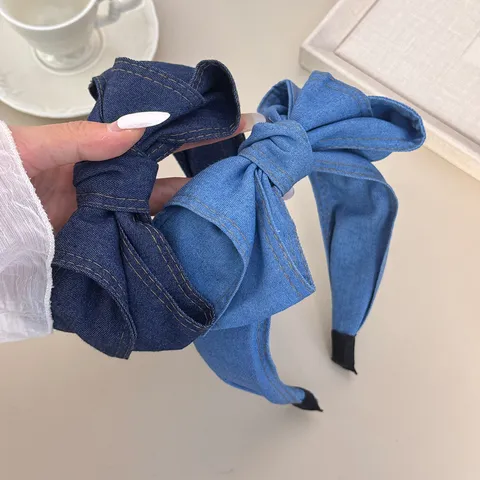 Franse Retro Brede Denim Strik Haarband Koreaanse Chic Grote Knoop Haarband Blauw Stof Hoofdband Voor Vrouwen Meisjes Haaraccessoires