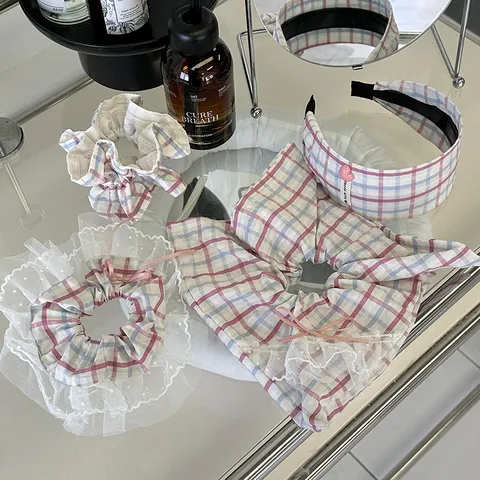 Bandeau en Tissu Coréen Doux à Carreaux avec Dentelle Nœud et Cœur Chouchou pour Filles Accessoires de Cheveux Quotidiens