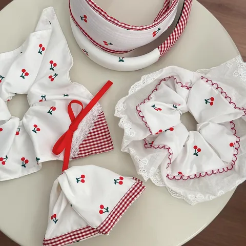 Sweet White Lace Scrunchies With Cherry Print Gingham Bow Design Cute Fabric Hair Ties Headbands Hair Clips For Women Girls
