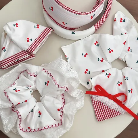 Sweet White Lace Scrunchies With Cherry Print Gingham Bow Design Cute Fabric Hair Ties Headbands Hair Clips For Women Girls