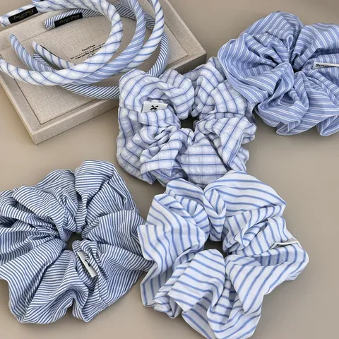 Korean Style Dreamy Blue White Striped Plaid Scrunchies Fabric Headband Mori Summer Hair Accessories For Women Bun Hair Rope