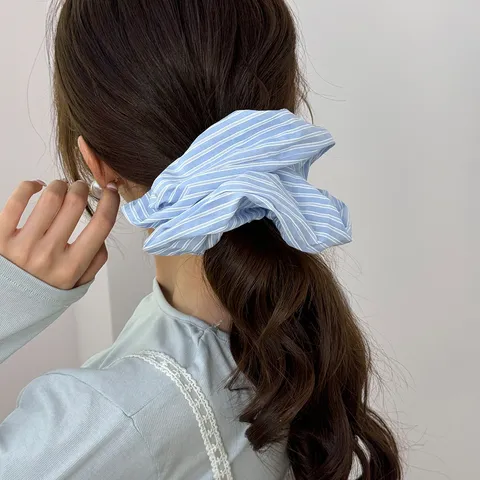 Korean Style Dreamy Blue White Striped Plaid Scrunchies Fabric Headband Mori Summer Hair Accessories For Women Bun Hair Rope