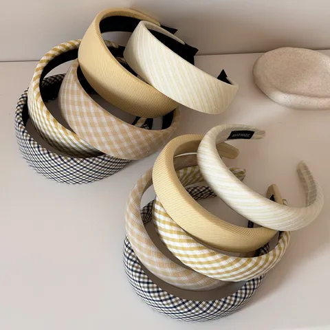 Serre-tête en Sergé à Carreaux Jaune Pour Femmes Polyester Design High Top Antidérapant Bandeau Mode Doux Motif de Grille Fait Main