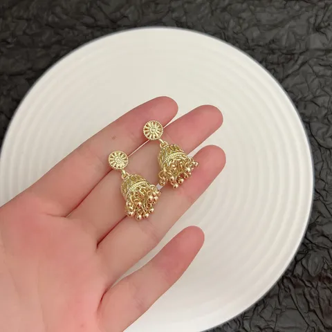 Vintage Böhmische Ethnische Metall Glocke Jhumka Quaste Ohrstecker Für Damen Elegante Vergoldete Metallperlen Tropfenohrringe Schmuck