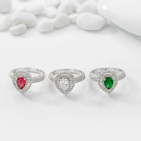 Anillo de Latón de Lujo con Gota de Agua para Mujer Circonia Cristal Anillo de Boda Plateado Forma de Pera Incrustado Joyería Regalo