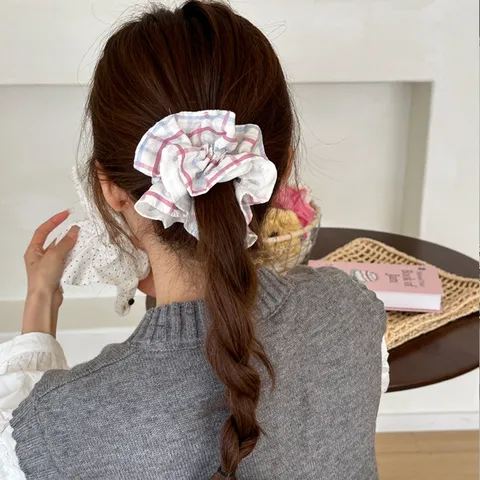 Bandeau en Tissu Coréen Doux à Carreaux avec Dentelle Nœud et Cœur Chouchou pour Filles Accessoires de Cheveux Quotidiens