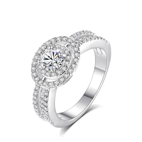 Anillo de Cobre Zirconia de Moda para Mujer Lujo Europeo Americano Halo Redondo Cristal Compromiso Boda Banquete Joyería Accesorios