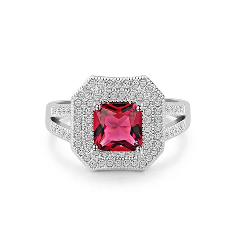 Elegante Anillo de Cobre con Circonia para Mujer Lujo Piedra Corte Cuadrado Doble Halo Compromiso Boda Banquete Joyería Accesorio