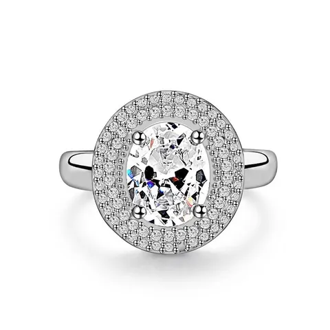 Anillo de Circonia Ovalado Lujoso Cobre Latón Chapado en Plata Halo Gema Simulada Anillo de Dedo para Mujer Boda Fiesta Compromiso Regalo