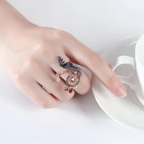 Anillo de Fénix de Fuego Estilo Palacio Retro para Mujer Vintage Exagerado de Cobre con Circonia Oro Rosa Plata Joyería