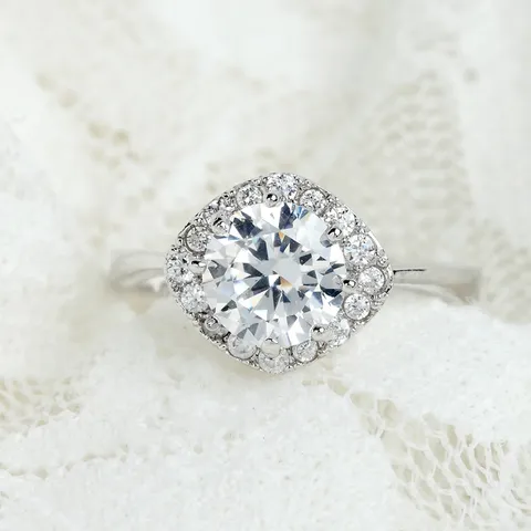 Anillo de Cobre de Lujo con Circonia para Mujer Diseño Halo de Corte Redondo Anillo de Compromiso Boda Joyería Brillante