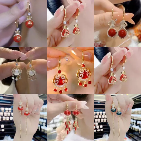 New Chinese Ethnic Style Fortune Bag Tassel Earrings With 925 Sterling Silver Earring Post Alloy Rhinestone Cat Eye Stone Earrings Festive Jewelry For Women