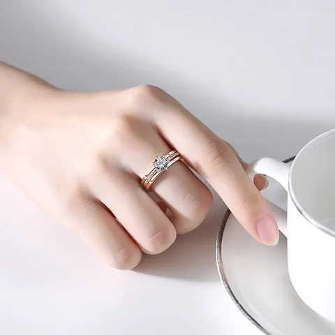 Anillo de Doble Capa Estilo Antiguo Circonia AAA Incrustado Cobre Galvanizado Minimalista Anillo de Dedo para Mujer Joyería