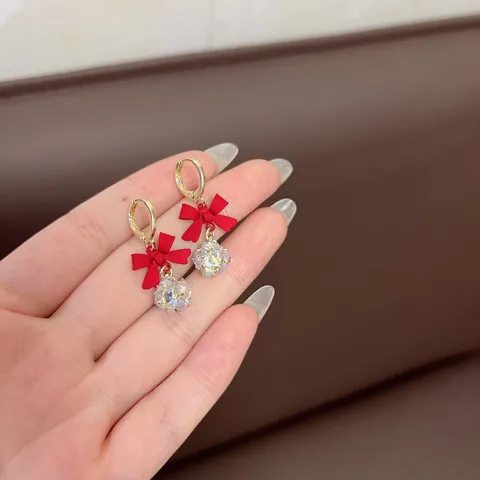 Koreanische Schleife Zirkonia Huggie Ohrringe Für Damen Leichter Luxus Gold Vergoldet Legierung Inlaid Schleifenohrringe Schmuck