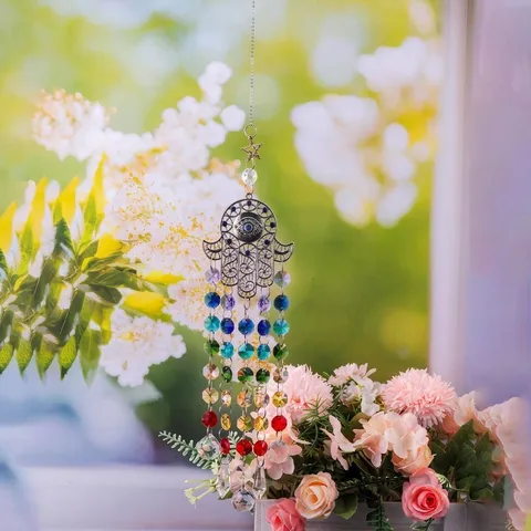 Turkish Style Evil Eye Crystal Suncatcher Hamsa Hand Rainbow Beads Garden Window Decor Hanging Ornament Wind Chime Light Catcher