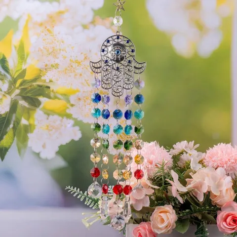 Turkish Style Evil Eye Crystal Suncatcher Hamsa Hand Rainbow Beads Garden Window Decor Hanging Ornament Wind Chime Light Catcher
