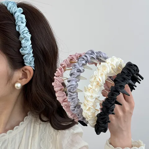 Koreanische Süße Satin Plissiert Stirnband Für Damen Rutschfest Fee Kunststoff Haarreifen Einfarbig Elegante Haar Accessoires