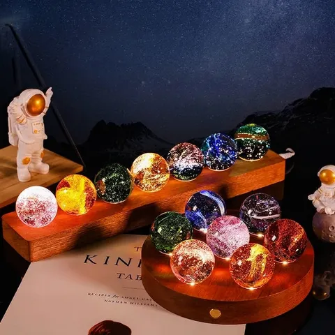 Seven Star Arrangement Starry Sky Colored Glaze Spheres With Solid Wood LED Glowing Base Desktop Ornaments Home Decor Creative Gift