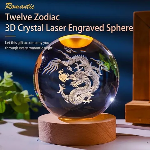 Modern Clear Crystal Ball LED Night Light With Wooden Base Laser Engraved Chinese Zodiac Pattern Decorative Ornaments Birthday Present