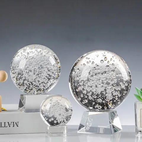Transparent K9 Crystal Bubble Ball Ornament With Geometric Base Modern Minimalism Glass Sphere Desk Decor Office Home Crafts Gift