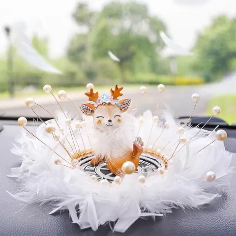 Cartoon Cartoon Deer Car Ornament Dashboard Interior Decoration Rhinestone Crystal Deer With Feather Pearl Base Decor