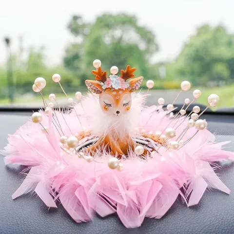 Cartoon Cartoon Deer Car Ornament Dashboard Interior Decoration Rhinestone Crystal Deer With Feather Pearl Base Decor