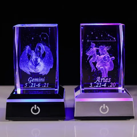 3D Lasergravur Kristall Tierkreiszeichen Ornament Mit LED Licht Basis Modernes Home Office Desktop Dekoration Geburtstagsgeschenk